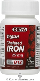 Deva Nutrition Vegan Chelated Iron 29 mg with added B12 Not Certified Kosher 90  Tablets  